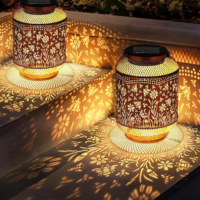 Solar Lanterns Outdoor Waterproof, Bee Garden Decor Hanging Lights, Metal Solar Lantern for Yard, Patio, Lawn, Pathway, Birthday & Gardening Gifts for Women, Mom, Grandma