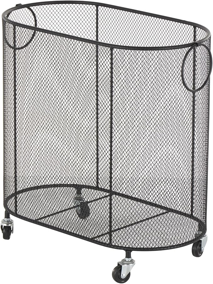Deco 79 Metal Storage Cart Oval Mesh Wire Rolling Laundry with Ring Handles, 21" x 12" x 21", Black