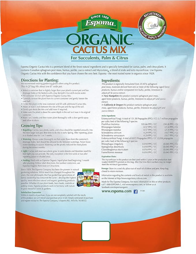 Espoma Organic Cactus Potting Soil Mix, Natural & Organic Soil for Cactus, Succulent, Palm, and Citrus Grown in containers Both Indoors and Outdoors, 8 qt, Pack of 2