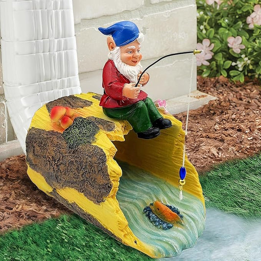 Gnome Fishing 3" x 4" Gutter Downspout Splash Block Decor, Outdoor Garden Animal Statue & Sculpture, Weather-Resistant Gutter Diverter Rain, Decorative Gutter Extension Downspout Ornament