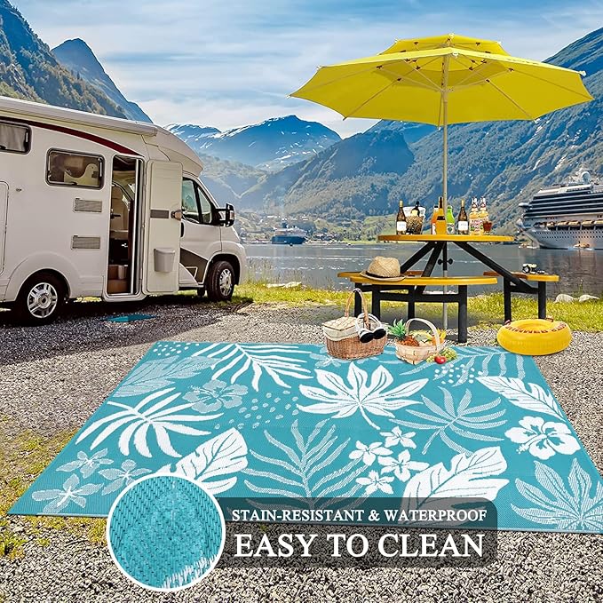 Pauwer Waterproof Outdoor Rug 5x8, Reversible Plastic Straw Patio Camping Rug, Indoor Outdoor RV Mat Carpet for Deck, Camper, Porch, Balcony, Backyard, Picnic, Floral Teal