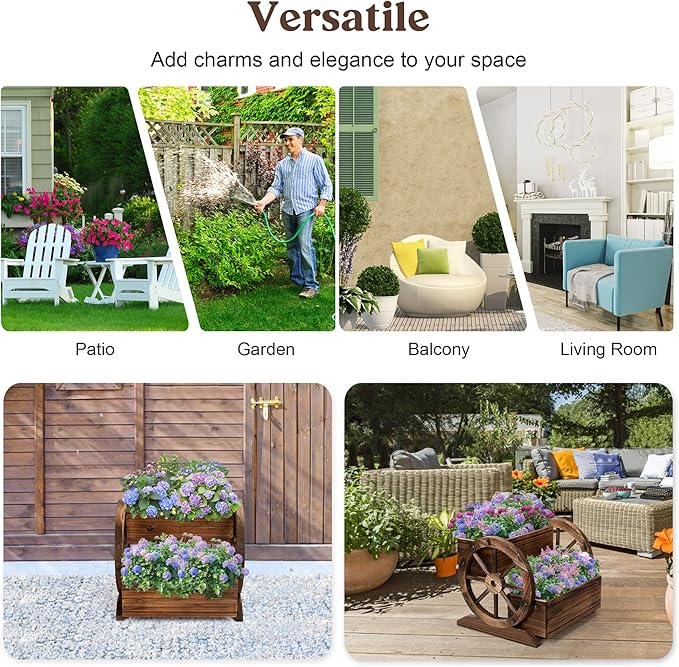 Wooden Wagon Planter Box, Garden Planter with Wheels,Decorative Planter for Flowers Herbs Vegetables for Indoor & Outdoor Décor, Flower Cart for Patio Garden Balcony