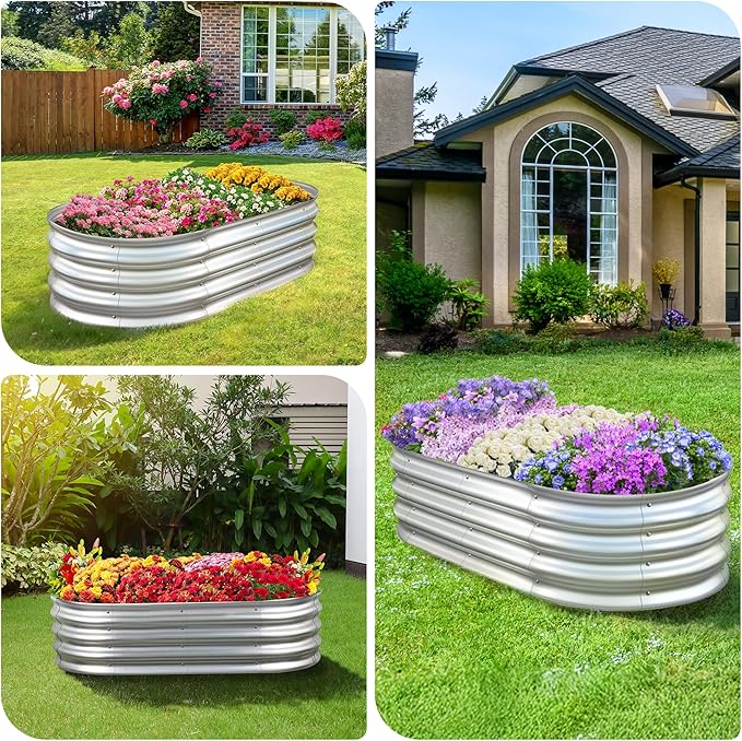 Sponvatt Raised Garden Bed - Outdoor Galvanized Raised Garden Bed Planter Boxes, Large Oval Metal for Gardening Planter Box Kit,Suitable for Vegetables,Herbs (Silver, 8x4x1 Ft)