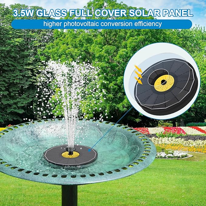 Solar Bird Bath Fountains,3.5W Glass Panel Solar Fountain Pump for Bird Bath No Battery,Solar Water Fountain Outdoor With 4 Fixed Pipes 7 Nozzles(Black)