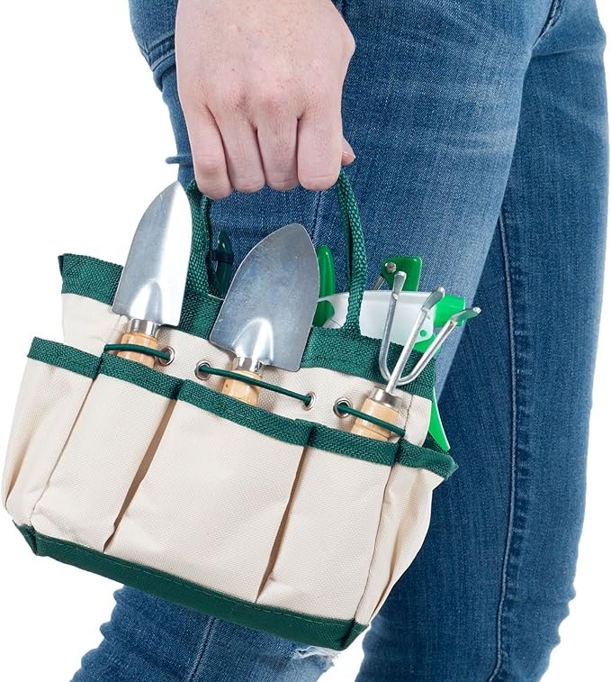 Pure Garden 7 Piece Gardening Tool Set – Mini Planting and Repotting Kit and Carrying Tote Bag Organizer for Succulents, Herbs, and Bonsai Plants