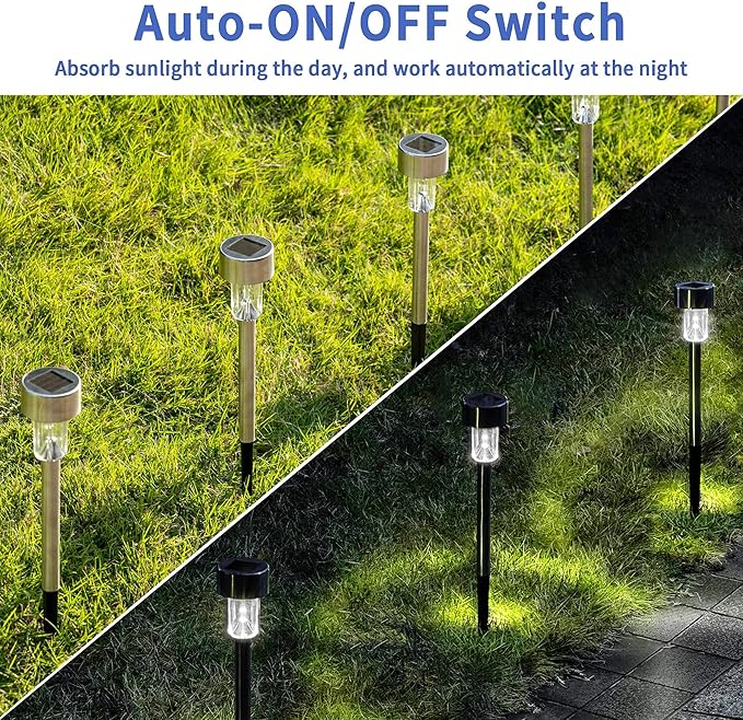 GIGALUMI Solar Pathway Lights 12 Pack, Stainless Steel IP44 Waterproof Auto On/Off Outdoor LED Pathway Landscape Solar Lights for Garden, Yard, Patio, Path and Walkway. (Cold White)