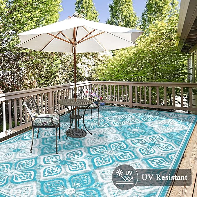 Pauwer Waterproof Outdoor Rug 8x10, Reversible Plastic Straw Patio Camping Rug, Indoor Outdoor RV Mat Carpet for Deck, Camper, Porch, Balcony, Backyard, Picnic, Clover Teal