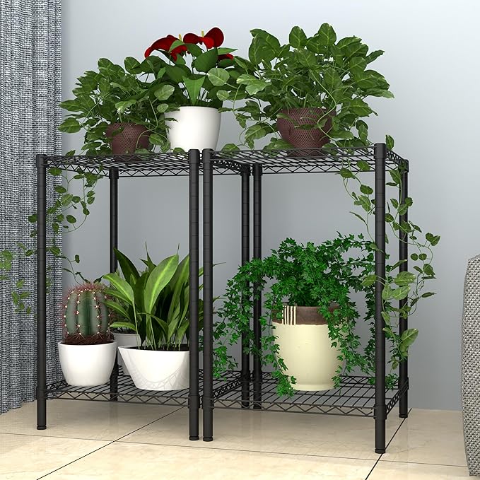 Xiofio 2 Tier Metal Plant Stand for Indoor and Outdoor Plant Shelf, Multi-Functional Adjustable Shelf Plant Stands Flower Stands With hanger rod for Living Room Balcony and Garden,Black