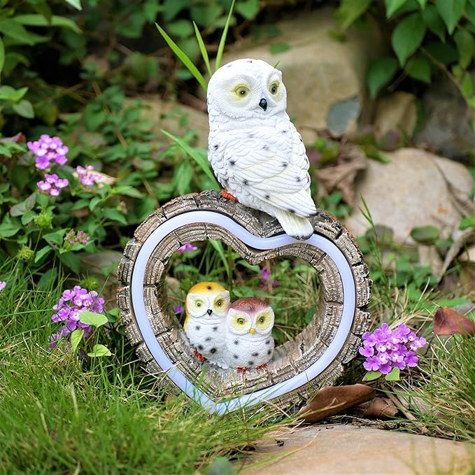 Solar Garden Lights, Solar Sculpture LED Lights, Outdoor Waterproof Handmade Resin Statue, Love Statue Decoration for Path, Yard, Lawn, Gift for Mom Christmas (White Love Owl)