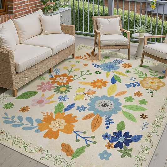 GENIMO Indoor Outdoor Area Rug 8' X 10' Waterproof, Washable Door Mat Non Shedding, Easy Cleaning Floral Outdoor Carpet for Patio, Entryway, Porch, Bathroom, Living Room, Bedroom, Backyard