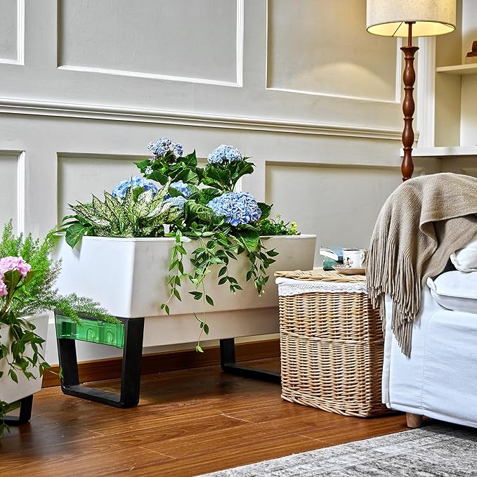 Glowpear Self Watering Planter Box - 29.5", White - UV Stable, Scalable Urban Raised Garden Bed with Water Gauge, Indoor Outdoor for Vegetables, Flowers, Herbs, and Succulents, Gardening