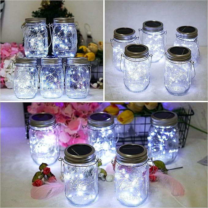 SmilingTown Solar Mason Jar String Light Lids 12 Pack 30 LED Fairy Firefly Inserts Lighting with 12 Hangers Waterproof for Outdoor Tree Patio Lawn Garden Decor, No Jars (Cool White)