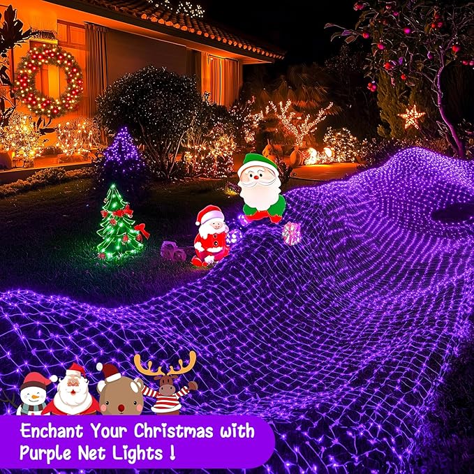 Purple Christmas Net Lights Outdoor - 360 LED Net Lights Waterproof with Remote, 12x5 ft Extendable 8 Modes Christmas Net Lights with Green Wire for Bushes Lawn Garden Shrubs Tree Backyard Decorations