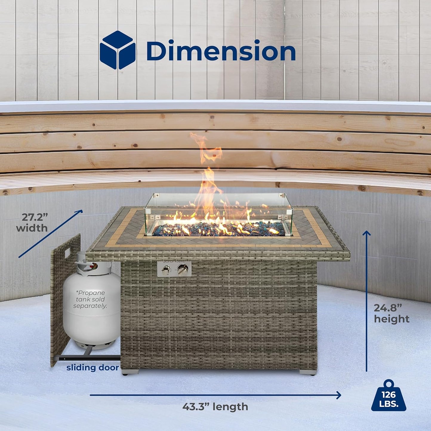SereneLife Outdoor Propane Fire Pit Table 50000 BTU with Auto Ignition, Glass Wind Guard, Mosaic Tile Top, Clear Glass Rocks, and Weather-Resistant Design for Patio or Backyard