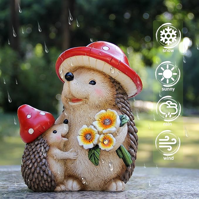 Solar Hedgehog Garden Statue Lights for Outdoor Decor, Resin Hedge hog Figurine Lighting Decorations, Patio Yard Lawn Ornaments Birthday Gifts for Women Mom Grandma