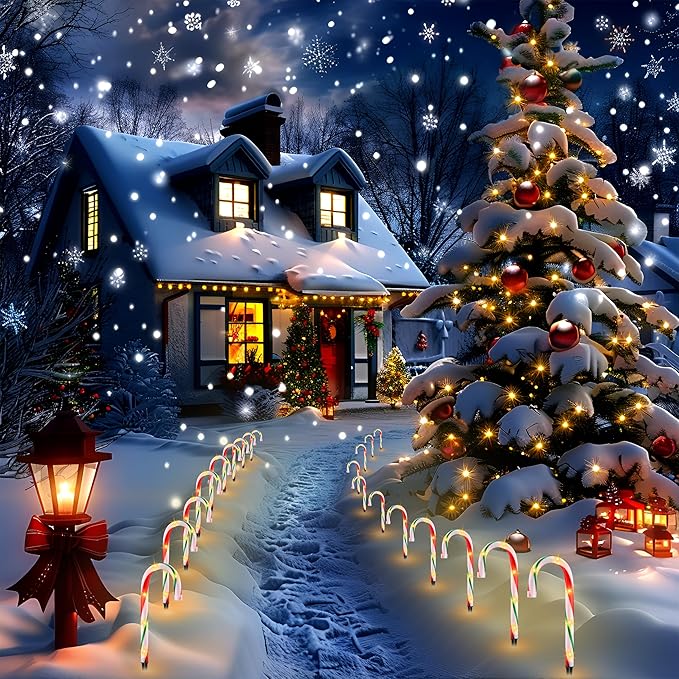 VCOKEN 10'' Christmas Candy Cane Lights Outdoor Pathway, Set of 10 Christmas Candy Cane Markers Waterproof, Light Up Xmas Candy Cane Decoration with Stakes for Holiday Party Yard Art Indoor Outdoor