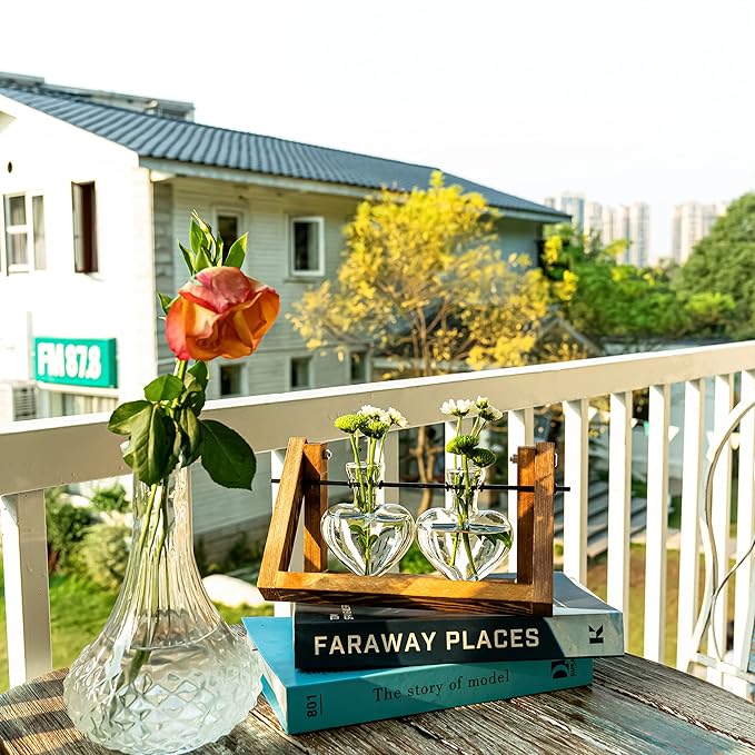 Kingbuy Glass Desktop Planter with Retro Wooden Stand and Plant Terrarium Vase (2 Hearts) for Indoor Home Office Desk Decor Accessories