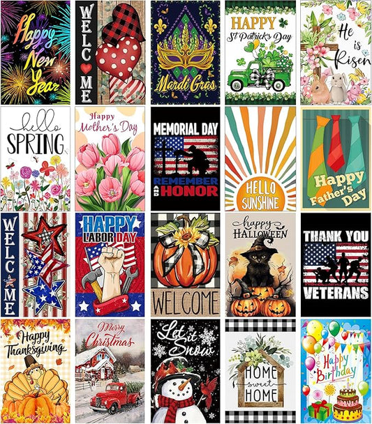 Doncida 20 Pack Seasonal Garden Flags Set Double Sided 12x18 Inch Small Yard Flags, Holiday Seasonal Garden Flag for Outside Decoration for All Year Round