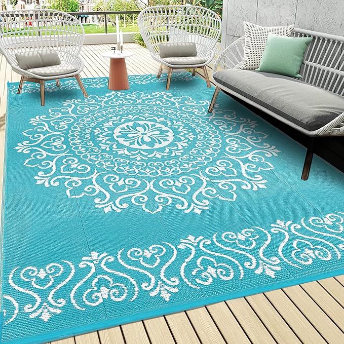 Pauwer Waterproof Outdoor Rug 6x9, Reversible Plastic Straw Patio Camping Rug, Indoor Outdoor RV Mat Carpet for Deck, Camper, Porch, Balcony, Backyard, Picnic, Floral Teal