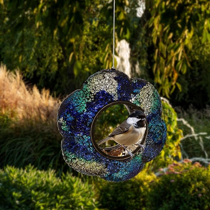 Sunnydaze 10-Inch Glass Mosaic Hanging Bird Feeder for Outdoors - Fly-Through Wild Bird Feeder - Indigo Flower Mosaic