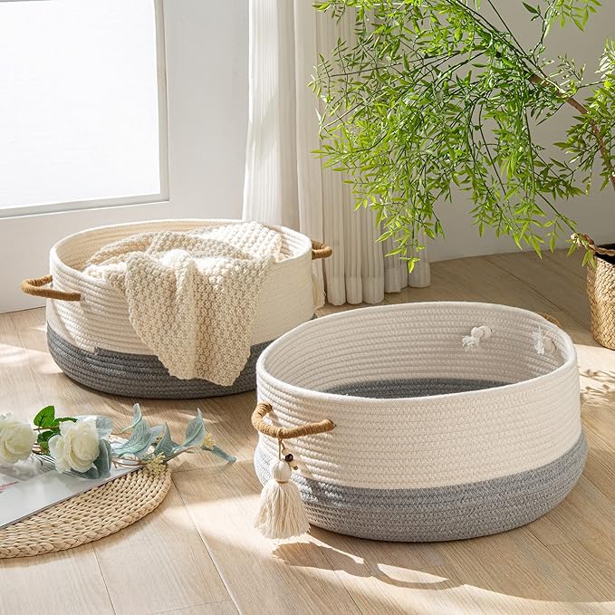 KAKAMAY Woven Baskets for Storage(16"x8"),Blanket Basket for Organizing Living Room,Cotton Rope Basket Woven Baby Laundry Hamper,Collapsible Laundry Room Organization,Clothes,Toy Chest(Grey)