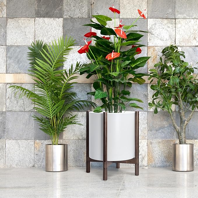 D'vine Dev Planter Pot with Stand - 16 Inch Plastic Cylinder Flower Pot with Wood Planter Holder for Indoor, Matte White Pot + Walnut Color Stand, 55-C-X-1