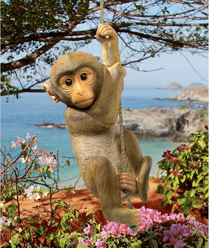 Design Toscano Chico the Chimpanzee Baby Monkey Hanging Indoor/Outdoor Animal Statue, 16 Inch Long, Cast Stone Resin, Brown Painted Finish