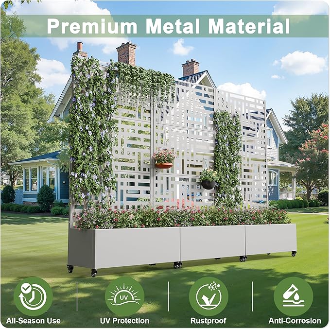 Casaphoria Metal Raised Garden Bed with Trellis and Wheels, 72"x35"x16" Planter Box for Climbing Plants, Vegetables & Vines, Features Drainage Holes and Privacy Screen (Grey-Helen)