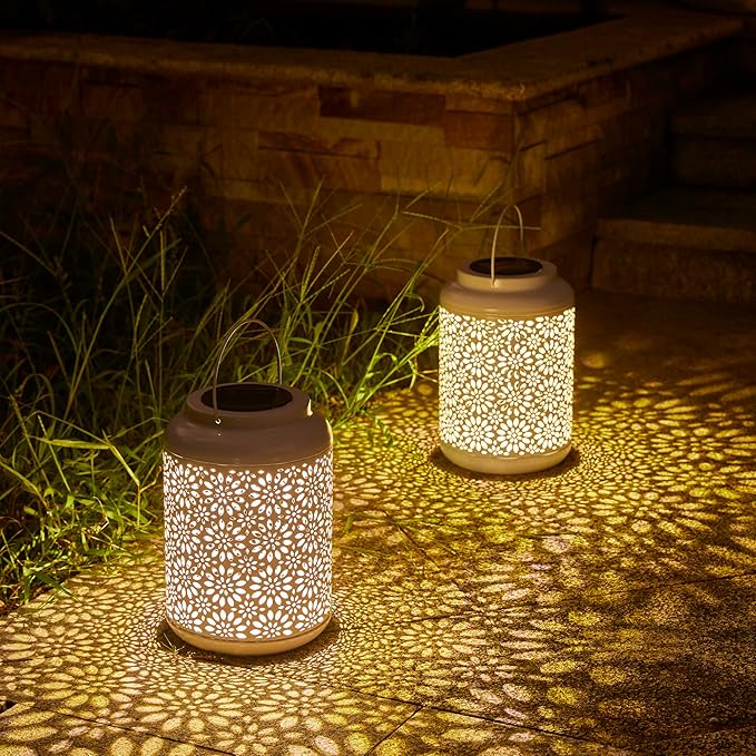 Glitzhome Solar Lantern White Metal Cutout Flower Outdoor Hanging Solar Light with Handle for Garden Patio Yard Outdoor Decor