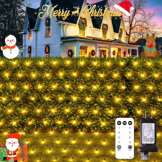 JMEXSUSS 360 LED Christmas Net Lights Outdoor Waterproof, Connectable 12ft x 5ft Net Lights Outdoor Mesh Lights with Remote, Plug in Warm White Net Lights for Bushes Shrubs Christmas Decorations