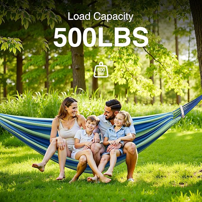 Double Hammock, Heavy Duty Portable, 500 lb Weight Capacity, Perfect for Both Indoors and Outdoors, 2 Person Hammock with Carrying Bag, Wide Blue
