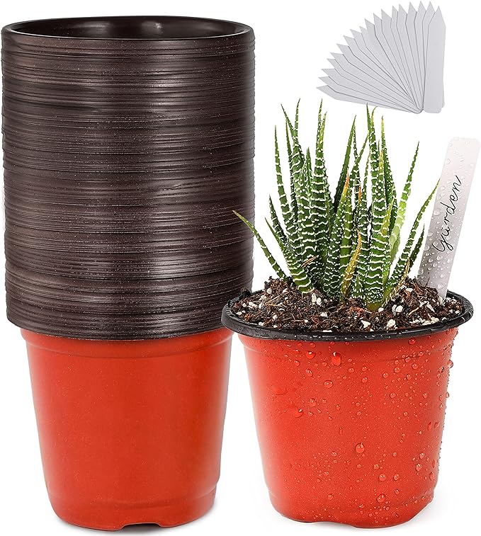 TDHDIKE Plastic Planter Nursery Pots 4" Small (50pcs Pots and 50pcs Labels) Seedlings Flower Pots Container Seed Starting Pots for Plants