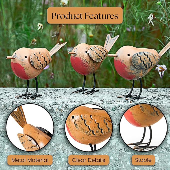 3pc Robin Garden Decor for Outside - Robin Metal Bird Decor Garden Ornaments Outdoor Animal Decorations - Robin Bird Figurine Lawn Ornaments Metal Bird Statues for Garden Decorations Outdoor Decor