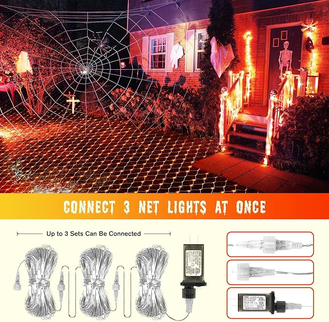 Christmas Net Lights Outdoor - 360 LED Orange Net Lights Waterproof with Remote, 12x5 ft Extendable 8 Modes for Bushes, Gazebo, Lawn, Garden, Shrubs, Tree, Backyard Decorations
