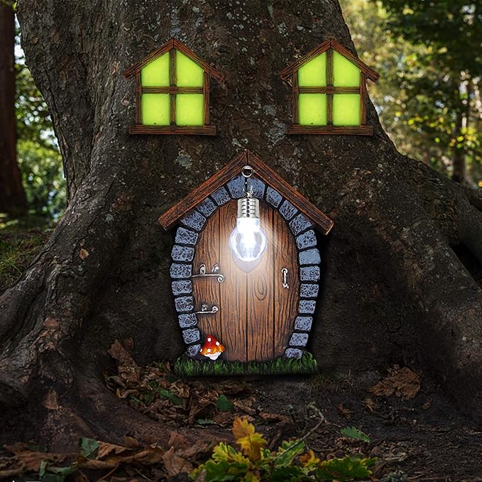 Juegoal Fairy Gnome Home Miniature Window and Door with Litter lamp for Trees Decoration, Glow in Dark Fairies Sleeping Door and Windows, Yard Art Garden Sculpture, Lawn Ornament Decor