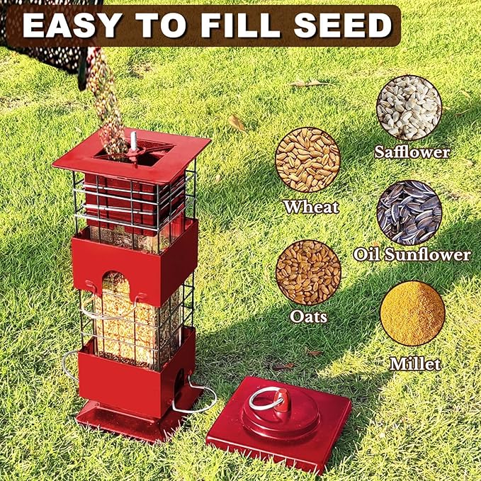 Squirrel Proof Bird Feeder, 3LBS Large Capacity Hanging Bird Feeders for Outdoors, Weight-Activated Perches Metal Anti-Squirrel Birdfeeder for Blue Jay, Cardinal, Outside (Red)