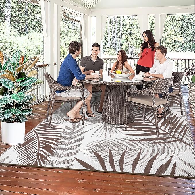 Outdoor Rug Waterproof for Patios Clearance, Reversible Outdoor Plastic Straw Rug Camping Carpet, Outside Floor Mats Large Area Rugs for RV,Patio,Deck,Porch,Beach,Balcony，10'x8',Brown&White