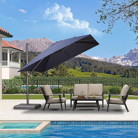 PURPLE LEAF 10 Feet Patio Cantilever Umbrella Square Outdoor Umbrella with 360° Rotation and Aluminum Offset Hanging for Garden Backyard Pool, Navy Blue