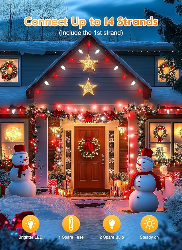 C9 LED Christmas Lights Outdoor, 50 Feet String with 50 Shatterproof Matte Bulbs, Connectable Waterproof Tree Lights for Holiday Roofline Backyard Garden Decor, Red & Pure White