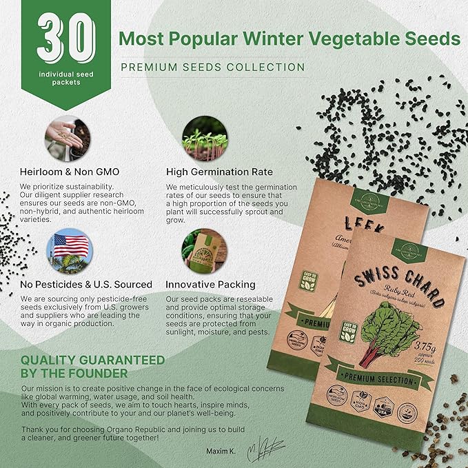 Organo Republic 30 Most Popular Winter Vegetable Garden Seeds Variety Pack- Outdoors/Indoor 8300+ Non-GMO Heirloom Veggie Seeds Broccoli Beet Carrot Cabbage Chives Lettuce Radish Pea Spinach & More