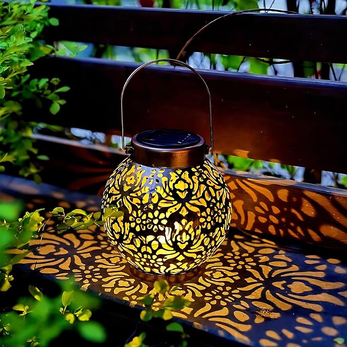 2 Pack Outdoor Solar Hanging Lantern Light LED Decorative Christmas Light for Garden Patio Courtyard Lawn and Tabletop with Hollowed-Out Design. Unique Gardening Gifts for Women.