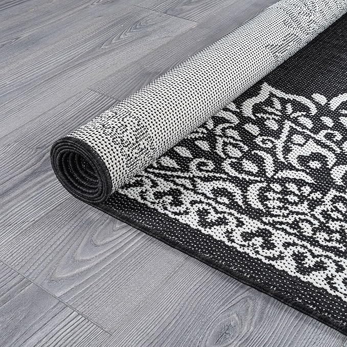 CAMILSON Outdoor Rug, 8x10 Medallion Black White Modern Area Rugs for Indoor and Outdoor Patios, Kitchen and Hallway Mats, Washable Porch Deck Outside Carpet (Medallion Black, 8 x 10)