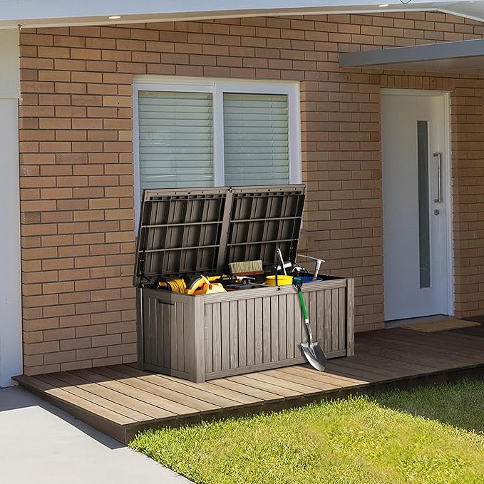 180 Gallon Lockable Resin Deck Box, Waterproof & UV-Resistant Outdoor Storage Box for Outdoor Cushion Storage, Garden Tools & Pool Accessories Storage, Gray