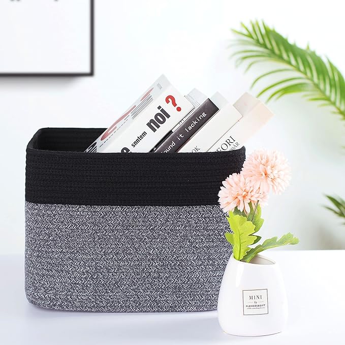 MINTWOOD Design Storage Basket for Shelves, Decorative Baskets for Organizing, Book Basket, Storage Cube Bin Box, Woven Closet Organizer, Pantry Closet and Shoe Basket, Black Grey Mix