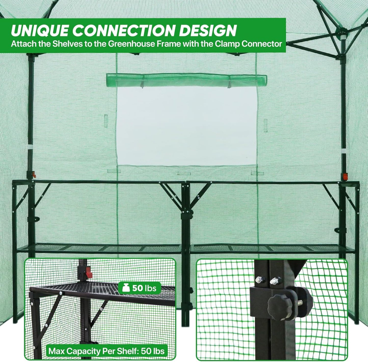 EAGLE PEAK 7x7 Pop up Greenhouse Portable Walk-in Outdoor Gardening Green House with 2 Foldable Shelves, Roll-up Zipper Entry Door and 3 Mesh Windows, PE Cover, Green/Clear