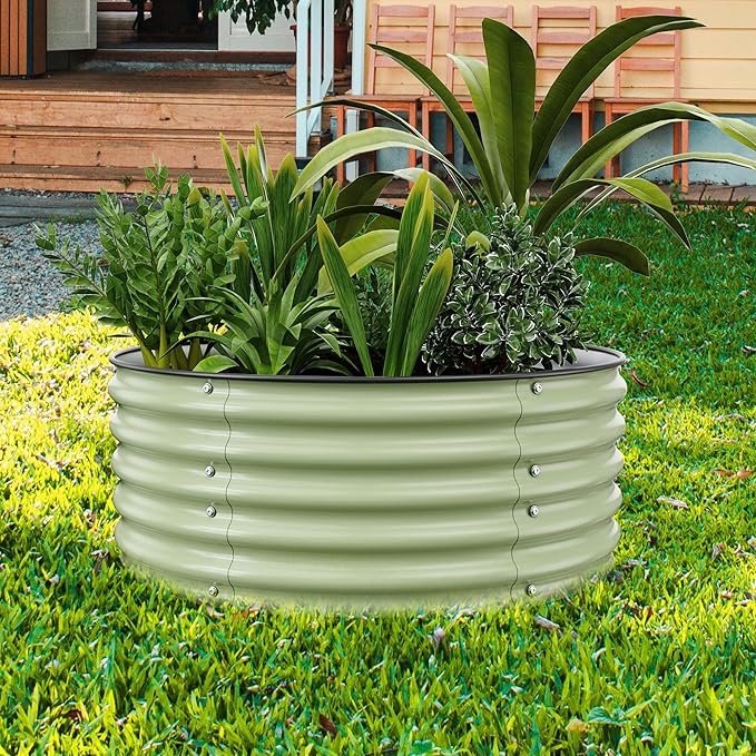 Round Raised Garden Bed Kit, 3.5x3.5x1.4Ft Outdoor Zinc-Aluminum-Magnesium Metal Flower Beds Stainless Steel Patio Ground Planter for Planting Vegetables (Light Green)