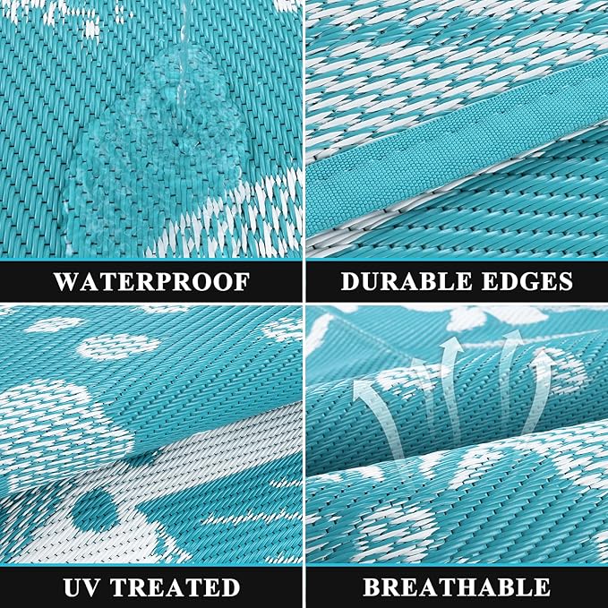 Pauwer Waterproof Outdoor Rug 5x8, Reversible Plastic Straw Patio Camping Rug, Indoor Outdoor RV Mat Carpet for Deck, Camper, Porch, Balcony, Backyard, Picnic, Floral Teal