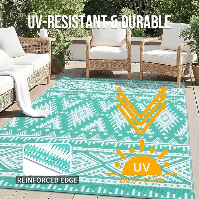 OLANLY Outdoor Rug Waterproof 9x18 ft, Reversible Outdoor Plastic Straw Rug, Boho Patio Rug, Indoor Outdoor Carpet, RV Mat Outside for Patio, Camp, Picnic, Balcony, Deck, Backyard, Turquoise & White
