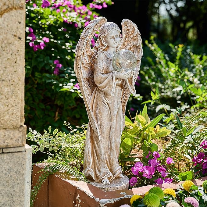 TERESA'S COLLECTIONS Large Angel Garden Statues with Solar Outdoor Light for Outdoor Decor, Fairy Figurine Resin with Wing & Glass Ball for Garden Decor, Yard Decor Lawn Ornament Gifts for Mom, 11"