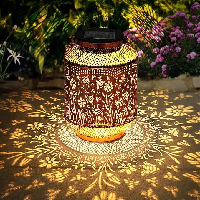 Solar Lanterns Outdoor Waterproof, Bee Garden Decor Hanging Lights, Metal Solar Lantern for Yard, Patio, Lawn, Pathway, Birthday & Gardening Gifts for Women, Mom, Grandma